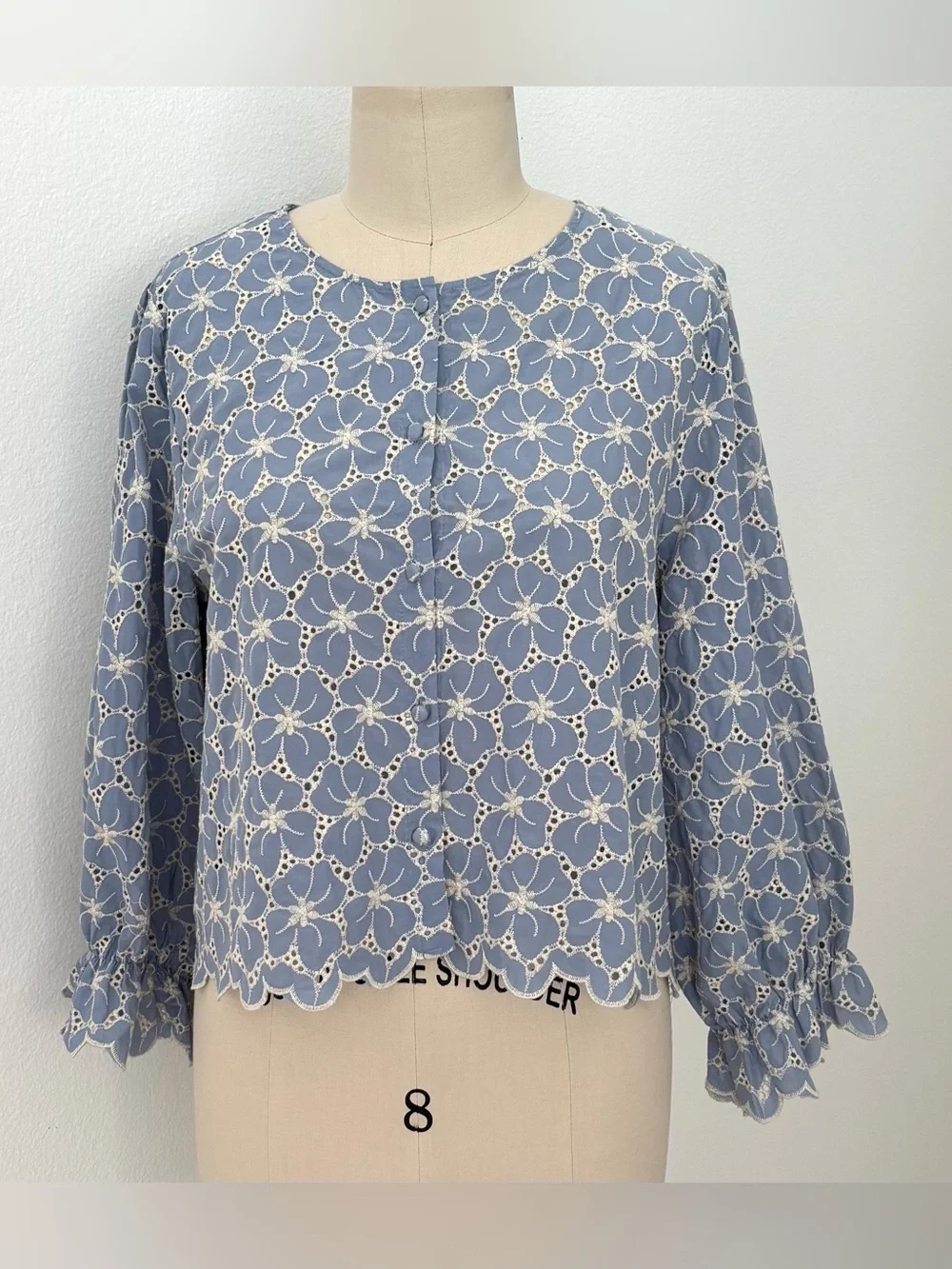 Zara Floral Eyelet Embroidered Scalloped Crop Blouse NWT Blue & Cream Cotton XL